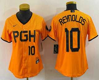 Womens Pittsburgh Pirates #10 Bryan Reynolds Number Yellowd 2023 City Connect Stitched Jersey1